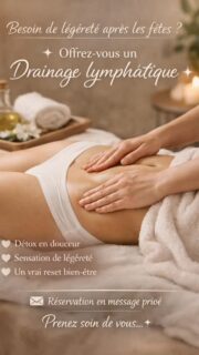 ✨ Après les fêtes, votre corps a besoin de légèreté ✨

Les repas plus riches, le manque de sommeil, le stress et le rythme intense des fêtes peuvent ralentir la circulation lymphatique. Résultat : sensation de lourdeur, rétention d’eau, fatigue persistante.

Le drainage lymphatique est un soin doux et profond, idéal pour aider le corps à éliminer, relancer la circulation et retrouver une sensation de légèreté globale.
C’est un véritable moment de rééquilibrage, autant pour le corps que pour l’esprit.

Que ce soit pour vous offrir une pause bienfaisante ou pour faire plaisir à un proche, le drainage lymphatique est un cadeau utile, qui fait du bien durablement.

🤍 Détox en douceur
🤍 Sensation de légèreté
🤍 Un vrai reset après les fêtes

📩 Réservation en message privé
Prenez soin de votre corps… il vous accompagne chaque jour #drainagelymphatique #detox #saintgermainenlaye