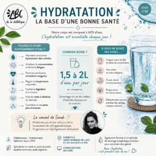 💧 HYDRATATION : LA BASE D’UNE BONNE SANTÉ

Pourquoi boire suffisamment d’eau ?

💙 Maintient une bonne hydratation des cellules.

🧠 Améliore la concentration et limite la fatigue.

❤️ Favorise une bonne circulation sanguine.

🌡️ Régule la température corporelle.

🍎 Facilite la digestion et le transit.

🩺 Aide les reins à éliminer les déchets.

✨ Contribue à une peau plus éclatante.

⸻

Combien boire ?

💦 En moyenne 1,5 à 2 litres d’eau par jour, davantage en cas de chaleur, d’activité physique ou de maladie.

⸻

Le conseil de Sarah

N’attendez pas d’avoir soif pour boire. La sensation de soif apparaît lorsque l’organisme est déjà légèrement déshydraté.

👩‍⚕️ Sarah Chaignaud
Diététicienne - Nutritionniste
📍 Saint-Germain-en-Laye • Les Alluets-le-Roi
💻 Consultations en ligne
#diet #hydratation #canicule #yvelines
