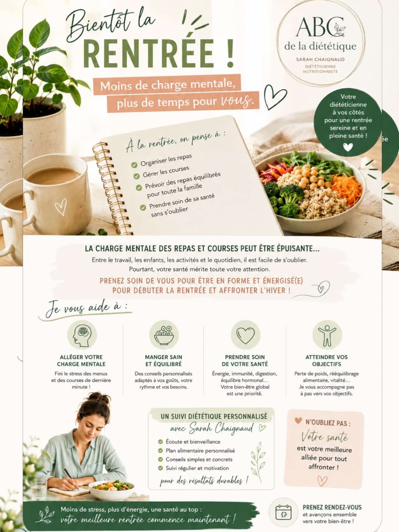 🌿 Bientôt la rentrée… et si cette année, vous allégiez votre charge mentale ?

Entre les menus à imaginer, les courses à prévoir, les repas de toute la famille, le travail, les enfants et le quotidien… il est facile de faire passer sa propre santé au second plan. ❤️

Pourtant, prendre soin de vous est essentiel pour commencer la rentrée en forme, avec de l’énergie, et mieux préparer l’arrivée de l’automne et de l’hiver.

✨ Mon objectif en tant que diététicienne-nutritionniste : vous aider à retrouver une alimentation simple, équilibrée et adaptée à votre quotidien, sans frustration ni régime restrictif.

🥗 Un suivi diététique personnalisé avec Sarah Chaignaud, c’est notamment :
✔️ alléger la charge mentale autour des repas
✔️ retrouver une alimentation équilibrée
✔️ bénéficier de conseils adaptés à vos goûts et votre rythme de vie
✔️ travailler sur vos objectifs : perte de poids, rééquilibrage alimentaire, énergie, bien-être…
✔️ être accompagné(e) et motivé(e) dans la durée

💚 Votre santé mérite une place dans votre agenda, au même titre que tout le reste.

📅 Envie de commencer dès la rentrée ?
Prenez directement rendez-vous avec moi sur Doctolib et avançons ensemble vers vos objectifs.

👉 Lien Doctolib disponible dans ma bio.

🌱 Moins de charge mentale, plus de sérénité et une santé au cœur de vos priorités : votre meilleure rentrée commence maintenant !

#dieteticienne #dieteticiennenutritionniste #nutrition #reequilibragealimentaire #rentree rentreescolaire chargementale sante bienetre alimentationequilibree perte de poids perte de poids durable nutritionniste suividietetique accompagnementnutritionnel mangersain mieuxmanger habitudessaines santenaturelle prevention energ ie automne famille organisation Doctolib