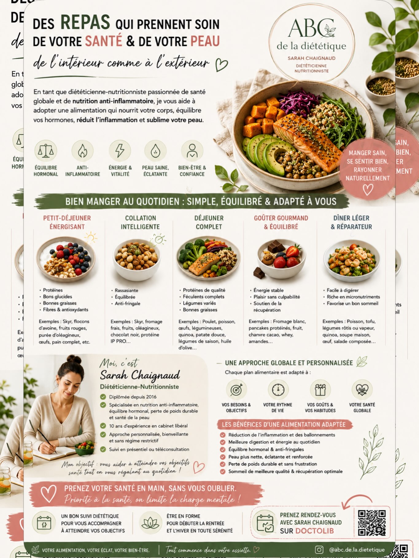 🥗✨ DES REPAS QUI PRENNENT SOIN DE VOUS… DE L’INTÉRIEUR COMME DE L’EXTÉRIEUR !

Et si votre alimentation devenait votre meilleure alliée pour votre santé, votre énergie et votre peau ? 🌿

En tant que diététicienne-nutritionniste, je vous accompagne vers une alimentation simple, équilibrée et adaptée à votre quotidien, avec une attention particulière portée à la nutrition anti-inflammatoire, à l’équilibre hormonal, au bien-être digestif et à la santé de la peau.

🍽️ L’objectif : bien manger sans se compliquer la vie !
Des repas complets, gourmands et variés, avec suffisamment de protéines, de fibres, de bons glucides, de bonnes graisses, de vitamines et d’antioxydants.

🌸 Une alimentation adaptée peut notamment contribuer à :
✔️ améliorer l’équilibre alimentaire
✔️ soutenir votre énergie et votre vitalité
✔️ prendre soin de votre digestion
✔️ accompagner vos objectifs de perte de poids durable
✔️ soutenir la santé et l’éclat de votre peau
✔️ limiter la charge mentale autour des repas
✔️ retrouver une relation plus sereine avec l’alimentation

💚 Chaque personne est différente. Votre alimentation doit être adaptée à vos objectifs, votre rythme de vie, vos goûts, vos habitudes et votre santé.

Je vous accompagne avec un suivi diététique personnalisé et bienveillant, sans régime restrictif, pour vous aider à atteindre vos objectifs tout en conservant le plaisir de manger.

📅 Envie de prendre soin de vous ?
Prenez rendez-vous avec moi, Sarah Chaignaud, diététicienne-nutritionniste, directement sur Doctolib.
👉 Lien disponible dans ma bio.

✨ Votre alimentation, votre éclat, votre bien-être… Tout commence dans votre assiette.

#ABCDeLaDietetique #SarahChaignaud #Dieteticienne #DieteticienneNutritionniste