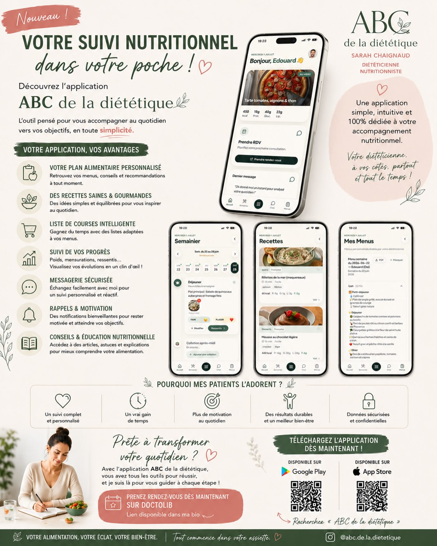 ✨ NOUVEAU : votre suivi nutritionnel directement dans votre poche ! 📱🌿

Je suis heureuse de vous présenter l’application ABC de la diététique, pensée pour vous accompagner au quotidien, entre deux consultations, et vous aider à avancer vers vos objectifs plus simplement. 🤍

Grâce à l’application, vous pouvez retrouver votre plan alimentaire personnalisé, découvrir des recettes saines et gourmandes, suivre vos progrès, échanger grâce à une messagerie sécurisée, recevoir des rappels et encouragements, et accéder à des conseils en nutrition.

L’objectif ? Vous permettre d’avoir votre accompagnement nutritionnel à portée de main, où que vous soyez, tout en restant pleinement accompagné(e). 🌱

📲 L’application est disponible dès maintenant sur l’App Store et Google Play.
Recherchez simplement « ABC de la diététique ».

📅 Vous souhaitez commencer votre accompagnement ?
Vous pouvez également prendre rendez-vous sur Doctolib — lien disponible dans ma bio.

À très bientôt,
Sarah Chaignaud – Diététicienne Nutritionniste 💚

#abcdeladietetique #dieteticienne #dieteticiennenutritionniste #nutrition #suivinutritionnel