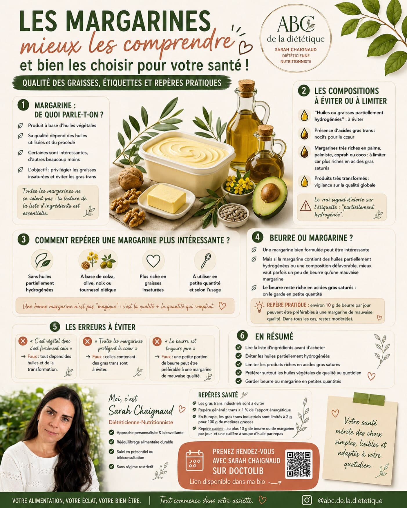 Margarine ou beurre : faut-il vraiment choisir un camp ? 🧈🌿

Toutes les margarines n’ont pas la même composition. Avant de regarder les promesses sur l’emballage, retournez le produit et lisez la liste des ingrédients : type d’huiles utilisées, qualité des matières grasses et présence éventuelle de graisses partiellement hydrogénées sont des éléments importants à vérifier.

Une margarine bien formulée et riche en graisses insaturées peut avoir sa place dans une alimentation équilibrée. À l’inverse, le beurre n’est pas forcément à bannir : une petite quantité peut parfaitement s’intégrer dans l’équilibre alimentaire global.

💚 Plutôt que « beurre OU margarine », posez-vous la bonne question : quelle composition, quelle quantité et dans quel contexte alimentaire ?

👉 Enregistrez la fiche pour comparer plus facilement vos produits lors de vos prochaines courses.

🌿 Mieux choisir, sans diaboliser : c’est aussi ça, apprendre à manger équilibré.

#dieteticienne #nutrition #margarine #beurre #lipides matieresgrasses equilibrealimentaire