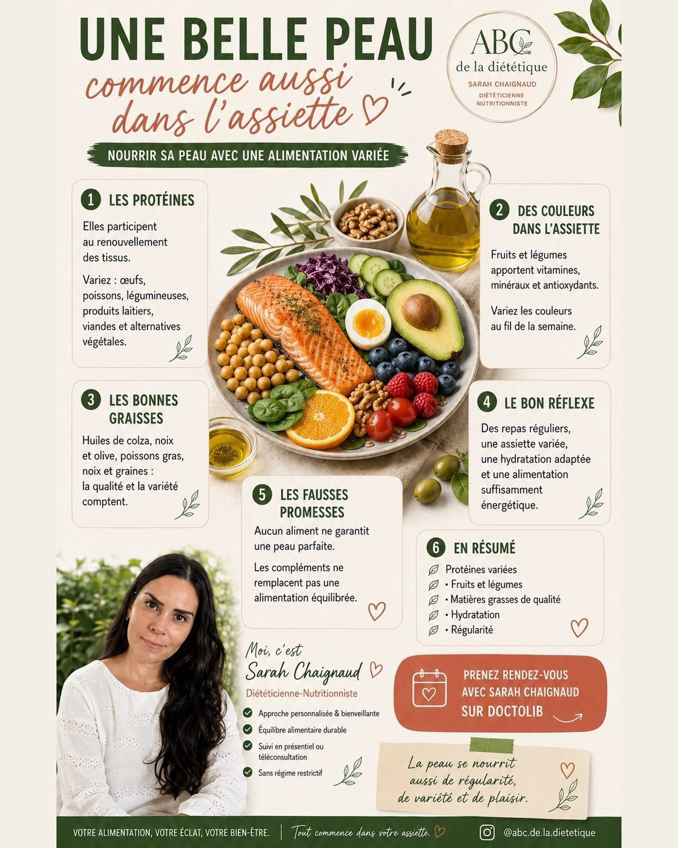 Une belle peau ne dépend pas d’un aliment miracle. Elle bénéficie avant tout d’une alimentation variée, suffisante et régulière. 🌿

Protéines, fruits et légumes colorés, matières grasses de qualité et hydratation participent au bon fonctionnement de l’organisme… et donc aussi à la santé de la peau.

L’objectif n’est pas la perfection, mais des habitudes simples et durables. Pensez diversité, régularité et plaisir dans l’assiette. 🥑🍓

Et vous, quel aliment coloré mettez-vous le plus souvent dans vos repas ?

#NutritionEtPeau #AlimentationÉquilibrée #ConseilsNutrition #abcdeladietetique