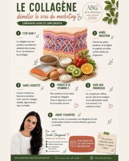 Le collagène est partout : poudres, boissons, gummies et promesses « anti-âge »… Mais que faut-il vraiment en penser ? 🤔

Le collagène est une protéine naturellement présente dans l’organisme. Une fois consommé, il est digéré en peptides et en acides aminés.

Avant de penser aux compléments, il est important de couvrir ses besoins grâce à une alimentation variée contenant suffisamment de protéines et de vitamine C.

Un complément ne remplace ni une alimentation équilibrée, ni le sommeil, ni la protection solaire. Avant d’en acheter, vérifiez sa composition, son dosage, ses allergènes et son intérêt réel pour vous.

#Collagène #ComplémentsAlimentaires #NutritionSanté #abcdeladietetique