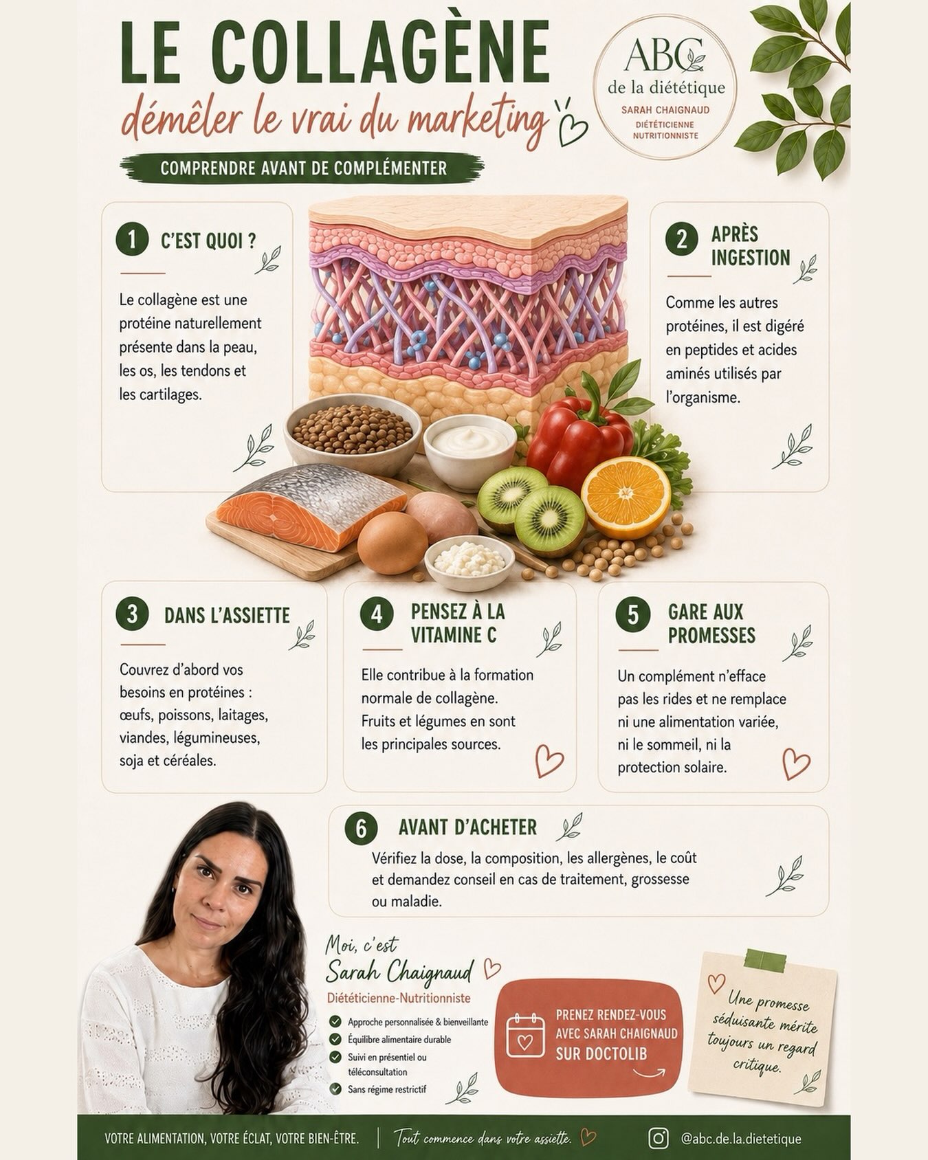 Le collagène est partout : poudres, boissons, gummies et promesses « anti-âge »… Mais que faut-il vraiment en penser ? 🤔

Le collagène est une protéine naturellement présente dans l’organisme. Une fois consommé, il est digéré en peptides et en acides aminés.

Avant de penser aux compléments, il est important de couvrir ses besoins grâce à une alimentation variée contenant suffisamment de protéines et de vitamine C.

Un complément ne remplace ni une alimentation équilibrée, ni le sommeil, ni la protection solaire. Avant d’en acheter, vérifiez sa composition, son dosage, ses allergènes et son intérêt réel pour vous.

#Collagène #ComplémentsAlimentaires #NutritionSanté #abcdeladietetique