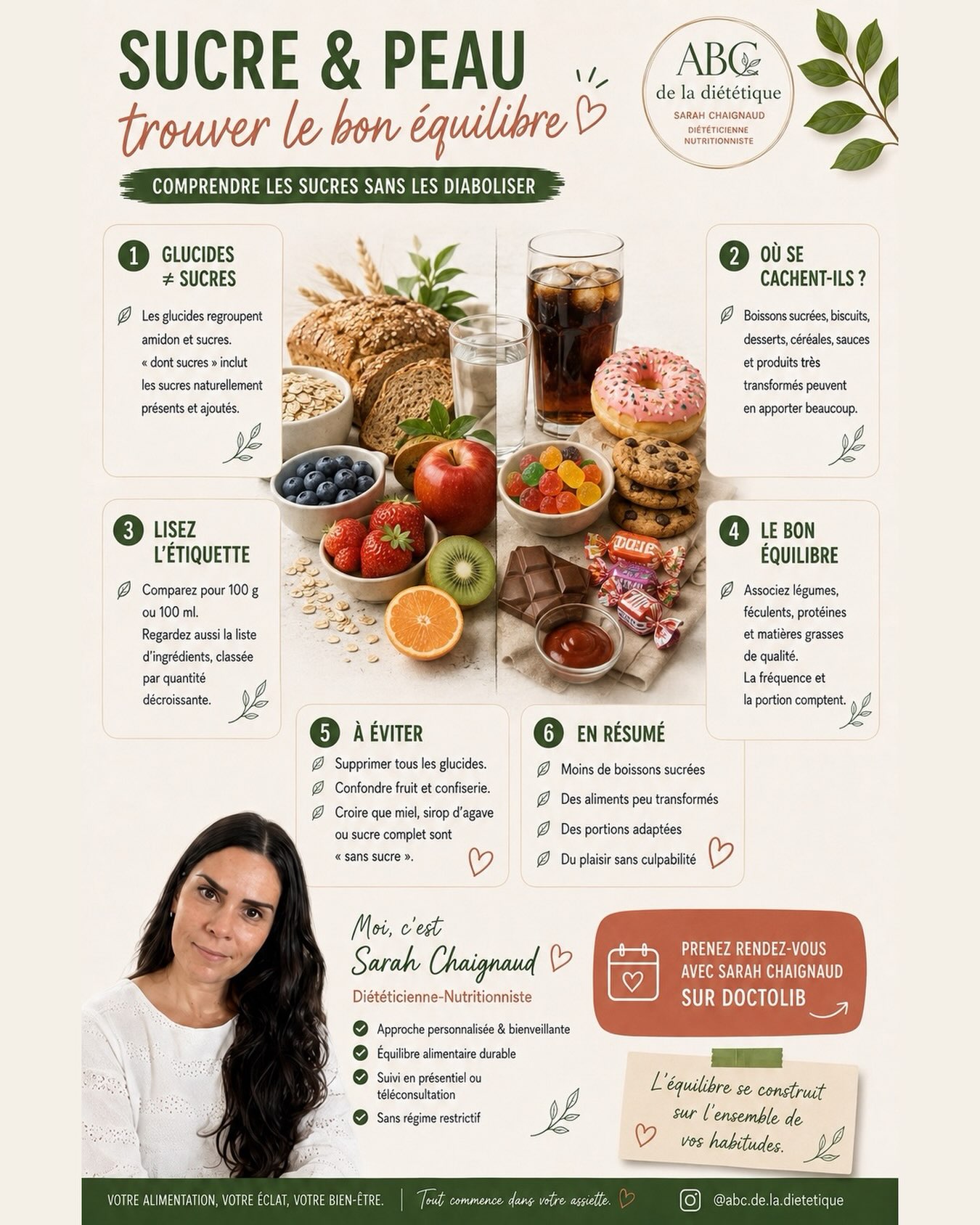🍓 Sucre et peau : faut-il vraiment supprimer tous les glucides ?

Non ! Les glucides constituent une source d’énergie pour notre organisme. L’objectif n’est pas de les diaboliser, mais de mieux comprendre où se trouvent les sucres et comment équilibrer leur consommation.

Quelques réflexes utiles :

✅ Privilégier davantage les aliments peu transformés
✅ Limiter les boissons très sucrées
✅ Comparer les étiquettes pour 100 g ou 100 ml
✅ Associer légumes, féculents, protéines et matières grasses de qualité
✅ Adapter les portions à ses besoins

Les fruits ne sont pas des confiseries. De même, le miel, le sirop d’agave et le sucre complet restent des produits sucrés.

L’équilibre se construit sur l’ensemble de vos habitudes, avec du plaisir et sans culpabilité. 🌿

Enregistrez cette publication pour garder ces repères !

#SucreEtPeau #ÉquilibreAlimentaire #abcdeladietetique