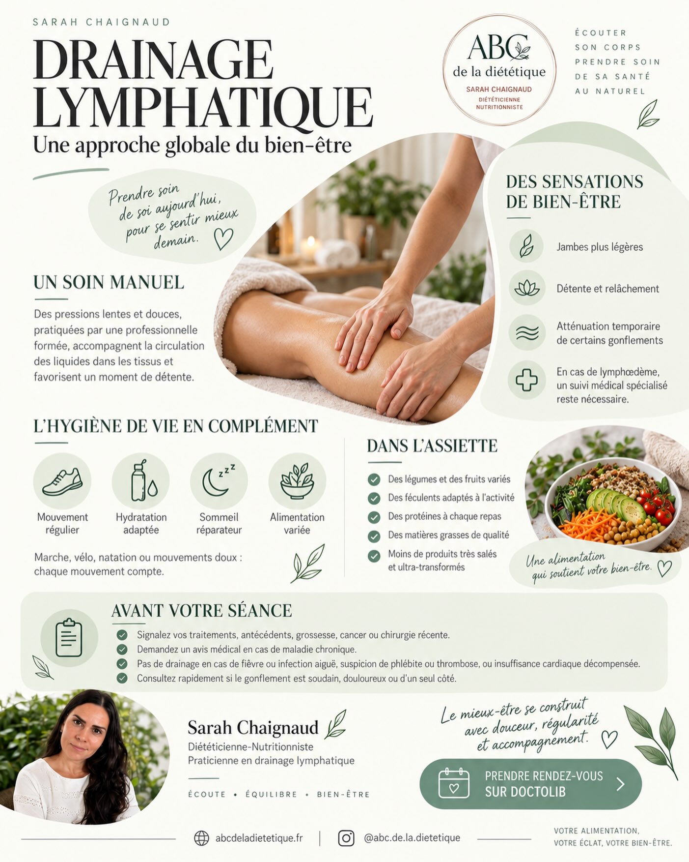 🌿 Le drainage lymphatique, un moment pour prendre soin de soi dans une démarche globale de bien-être.

Pratiqué avec des pressions douces et précises, ce soin manuel accompagne la circulation des liquides dans les tissus. Il peut procurer une sensation de légèreté, favoriser la détente et contribuer à atténuer temporairement certains gonflements.

Pour prolonger cette sensation de bien-être, le drainage s’accompagne idéalement de bonnes habitudes au quotidien :

💧 une hydratation adaptée à vos besoins ;
🚶‍♀️ une activité physique régulière ;
😴 un sommeil suffisamment réparateur ;
🥗 une alimentation variée et équilibrée.

Dans l’assiette, privilégiez des légumes et des fruits variés, des féculents adaptés à votre activité, des protéines, des matières grasses de qualité et une consommation raisonnable de produits très salés ou ultra-transformés.

Chaque accompagnement doit rester personnalisé. Avant la séance, pensez à signaler vos traitements, vos antécédents médicaux, une grossesse, un cancer ou une intervention chirurgicale récente. En cas de maladie chronique ou de doute, demandez préalablement l’avis de votre médecin.

✨ Envie de découvrir le drainage lymphatique et de bénéficier d’un accompagnement adapté à vos besoins ?

Prenez rendez-vous avec moi dans mon cabinet à Saint-Germain-en-Laye, directement sur Doctolib ou grâce au lien disponible dans ma bio.

Sarah Chaignaud
Diététicienne-Nutritionniste
Praticienne en drainage lymphatique

#DrainageLymphatique #SaintGermainEnLaye #bienétre