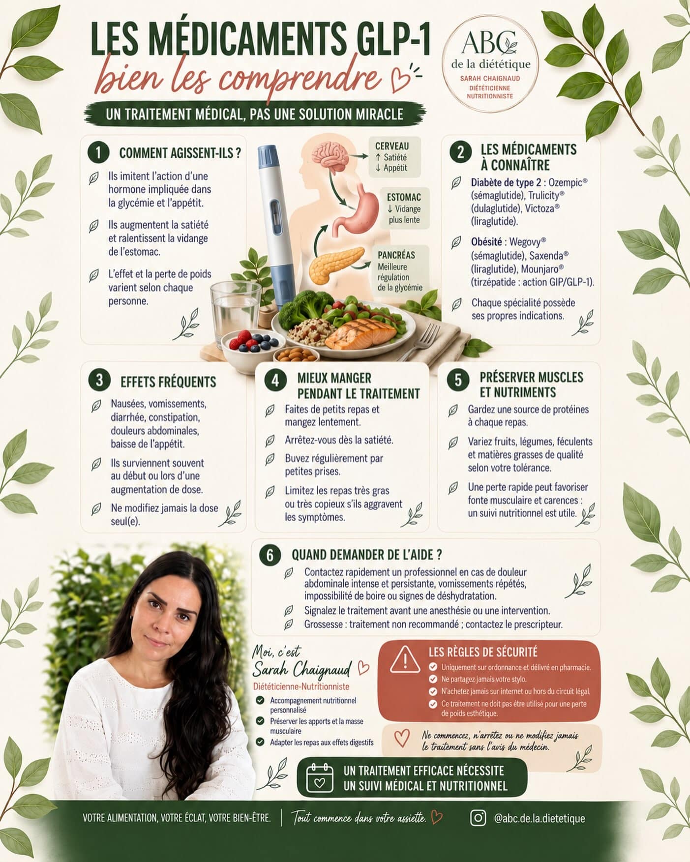 💉 Les médicaments GLP-1 : mieux les comprendre pour mieux les vivre.

Ozempic®, Wegovy®, Saxenda®, Trulicity®, Victoza® ou encore Mounjaro® agissent notamment sur la satiété, l’appétit, la glycémie et la vitesse de vidange de l’estomac. Leur efficacité et leur tolérance varient toutefois d’une personne à l’autre : ce sont des traitements médicaux, pas des solutions miracles.

Des effets digestifs peuvent survenir, surtout au début du traitement ou lors d’une augmentation de la dose : nausées, constipation, diarrhée, vomissements, douleurs abdominales ou diminution importante de l’appétit. Il est essentiel de ne jamais modifier ou arrêter le traitement sans l’avis du médecin prescripteur.

🍽️ Pourquoi le suivi médical et nutritionnel est-il essentiel ?

Il permet notamment de :

• adapter les repas en fonction de la satiété et de la tolérance digestive ;
• maintenir des apports suffisants en protéines, vitamines et minéraux ;
• prévenir la déshydratation, les carences et la fonte musculaire ;
• éviter une restriction alimentaire excessive lorsque l’appétit diminue ;
• conserver une alimentation variée, équilibrée et adaptée au quotidien ;
• repérer rapidement les symptômes nécessitant un avis médical ;
• construire des habitudes durables pour accompagner les résultats sur le long terme.

Le médicament ne remplace ni l’alimentation, ni l’activité physique, ni l’accompagnement personnalisé. Le suivi permet de préserver votre santé tout au long du traitement, sans culpabilité et sans régime restrictif.

⚠️ En cas de douleurs abdominales intenses et persistantes, de vomissements répétés, d’impossibilité de boire ou de signes de déshydratation, contactez rapidement un professionnel de santé.

Chaque parcours est différent : votre accompagnement doit l’être aussi. 🌿

#GLP1 #SuiviNutritionnel #diététiciennenutritionniste