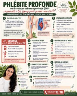🩸 La phlébite profonde, également appelée thrombose veineuse profonde ou TVP, correspond à la formation d’un caillot dans une veine profonde, généralement au niveau d’une jambe.

Elle peut se manifester par un gonflement, une douleur, une sensation de tension, une chaleur locale ou un changement de couleur, souvent d’un seul côté. Cependant, les symptômes peuvent être discrets, voire absents : seul un professionnel de santé peut établir le diagnostic.

⚠️ Un caillot peut se détacher et atteindre les poumons, provoquant une embolie pulmonaire. 🥗 Quelle place pour l’alimentation ?

Aucun aliment, jus, complément ou produit « naturel » ne peut dissoudre un caillot. Le traitement médical, généralement fondé sur des anticoagulants, reste indispensable.

Une alimentation équilibrée peut néanmoins accompagner la santé cardiovasculaire globale :

✓ des légumes et des fruits variés ;
✓ des légumes secs et des céréales complètes ;
✓ des protéines adaptées aux besoins ;
✓ des huiles d’olive, de colza ou de noix ;
✓ une consommation modérée de produits très salés, de charcuteries et d’aliments ultra-transformés.

💧 Une hydratation régulière est également importante, notamment pendant les périodes de chaleur ou les longs trajets. Buvez selon vos besoins et les éventuelles consignes de votre médecin. L’eau ne remplace toutefois pas le mouvement : lors d’un voyage prolongé, levez-vous régulièrement et mobilisez vos chevilles. Avant de prendre un complément alimentaire, une plante ou un produit de phytothérapie, vérifiez toujours les interactions possibles auprès de votre médecin ou de votre pharmacien. Limitez également l’alcool, qui peut augmenter certains risques liés aux anticoagulants.

Une alimentation adaptée complète la prise en charge, mais elle ne remplace ni le diagnostic, ni le traitement, ni le suivi médical.

📍 Pour adapter votre alimentation à votre traitement et à votre situation, prenez rendez-vous avec moi à Saint-Germain-en-Laye ou en téléconsultation sur Doctolib.

#ThromboseVeineuse #PréventionSanté #diététiciennenutritionniste