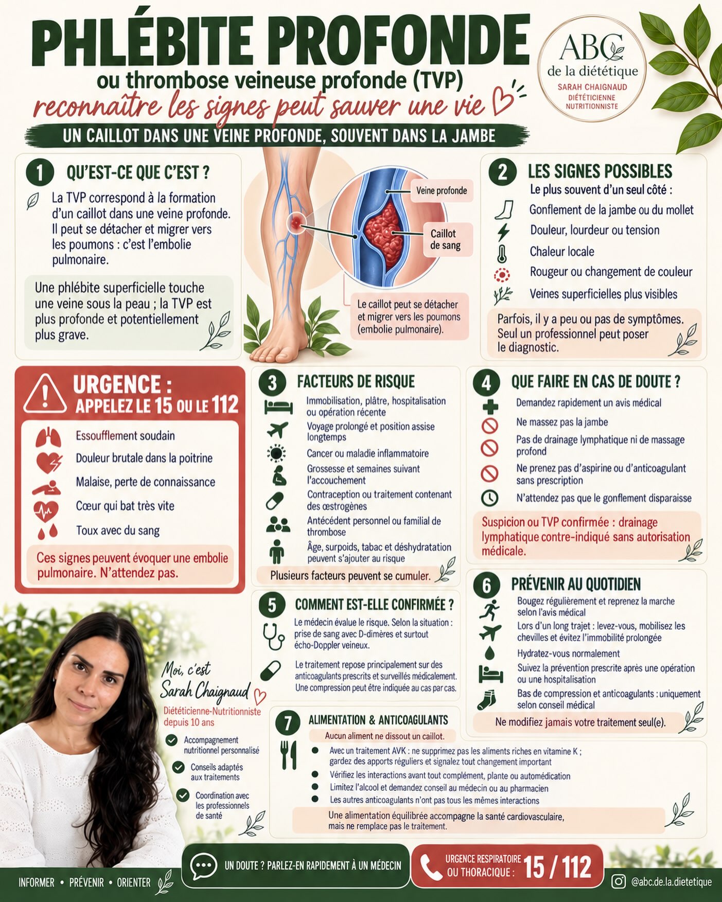 🩸 La phlébite profonde, également appelée thrombose veineuse profonde ou TVP, correspond à la formation d’un caillot dans une veine profonde, généralement au niveau d’une jambe.

Elle peut se manifester par un gonflement, une douleur, une sensation de tension, une chaleur locale ou un changement de couleur, souvent d’un seul côté. Cependant, les symptômes peuvent être discrets, voire absents : seul un professionnel de santé peut établir le diagnostic.

⚠️ Un caillot peut se détacher et atteindre les poumons, provoquant une embolie pulmonaire. 🥗 Quelle place pour l’alimentation ?

Aucun aliment, jus, complément ou produit « naturel » ne peut dissoudre un caillot. Le traitement médical, généralement fondé sur des anticoagulants, reste indispensable.

Une alimentation équilibrée peut néanmoins accompagner la santé cardiovasculaire globale :

✓ des légumes et des fruits variés ;
✓ des légumes secs et des céréales complètes ;
✓ des protéines adaptées aux besoins ;
✓ des huiles d’olive, de colza ou de noix ;
✓ une consommation modérée de produits très salés, de charcuteries et d’aliments ultra-transformés.

💧 Une hydratation régulière est également importante, notamment pendant les périodes de chaleur ou les longs trajets. Buvez selon vos besoins et les éventuelles consignes de votre médecin. L’eau ne remplace toutefois pas le mouvement : lors d’un voyage prolongé, levez-vous régulièrement et mobilisez vos chevilles. Avant de prendre un complément alimentaire, une plante ou un produit de phytothérapie, vérifiez toujours les interactions possibles auprès de votre médecin ou de votre pharmacien. Limitez également l’alcool, qui peut augmenter certains risques liés aux anticoagulants.

Une alimentation adaptée complète la prise en charge, mais elle ne remplace ni le diagnostic, ni le traitement, ni le suivi médical.

📍 Pour adapter votre alimentation à votre traitement et à votre situation, prenez rendez-vous avec moi à Saint-Germain-en-Laye ou en téléconsultation sur Doctolib.

#ThromboseVeineuse #PréventionSanté #diététiciennenutritionniste