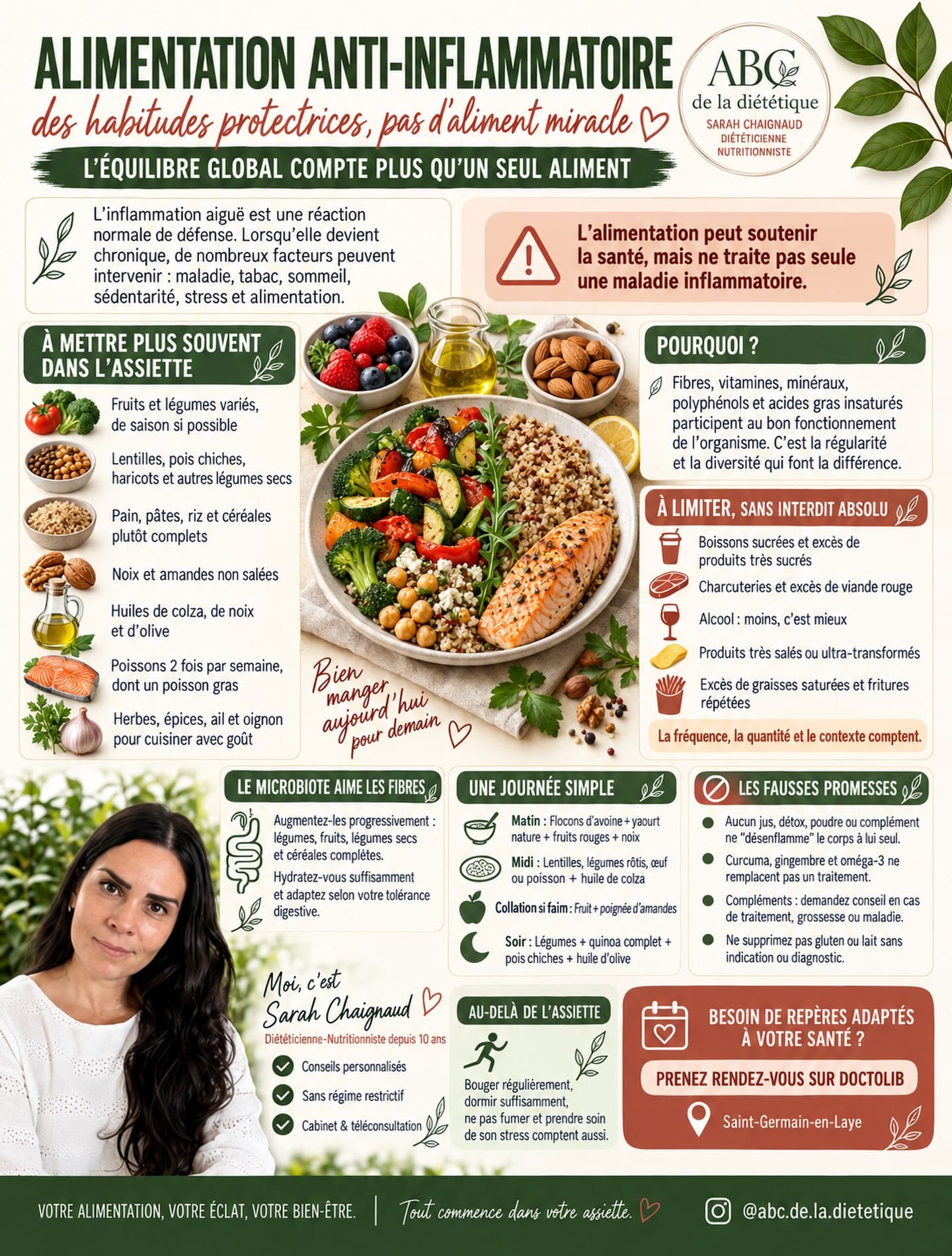 🌿 L’alimentation « anti-inflammatoire » fait beaucoup parler d’elle… mais elle ne correspond ni à une liste d’aliments miracles ni à un régime strict.

L’inflammation est d’abord un mécanisme naturel de défense de l’organisme. Lorsqu’elle devient chronique, elle peut être influencée par de nombreux facteurs : certaines maladies, le tabac, la sédentarité, le manque de sommeil, le stress ou encore l’alimentation.

L’objectif n’est donc pas de chercher à « désenflammer » son corps avec une cure, une poudre ou un jus, mais d’installer progressivement des habitudes favorables à la santé :

🥦 varier les légumes et les fruits ;
🫘 consommer régulièrement des légumes secs ;
🌾 privilégier davantage les céréales complètes ;
🐟 intégrer du poisson, notamment du poisson gras ;
🥜 choisir des noix et des amandes non salées ;
🫒 varier les huiles de colza, de noix et d’olive ;
💧 maintenir une hydratation adaptée.

Aucun aliment ne doit porter à lui seul la responsabilité de votre santé. Ce sont la diversité, les quantités, la fréquence et la régularité qui comptent.

Le microbiote apprécie également la variété des fibres. Si vous en consommez peu, augmentez-les progressivement afin de respecter votre tolérance digestive, tout en buvant suffisamment.

Attention aux exclusions inutiles : supprimer le gluten, les produits laitiers ou une famille entière d’aliments sans diagnostic peut compliquer l’équilibre alimentaire et favoriser certaines carences.

Les compléments de curcuma, de gingembre ou d’oméga-3 ne sont pas anodins et peuvent interagir avec des traitements. Demandez conseil à un professionnel de santé avant toute supplémentation.

Enfin, l’assiette ne fait pas tout : une activité physique régulière, un sommeil suffisamment réparateur, l’arrêt du tabac et une meilleure gestion du stress participent aussi à une démarche globale.

Vous souhaitez construire une alimentation adaptée à votre santé, vos symptômes et votre quotidien, sans régime restrictif ?

📍 Prenez rendez-vous avec moi au cabinet de Saint-Germain-en-Laye ou en téléconsultation, directemen