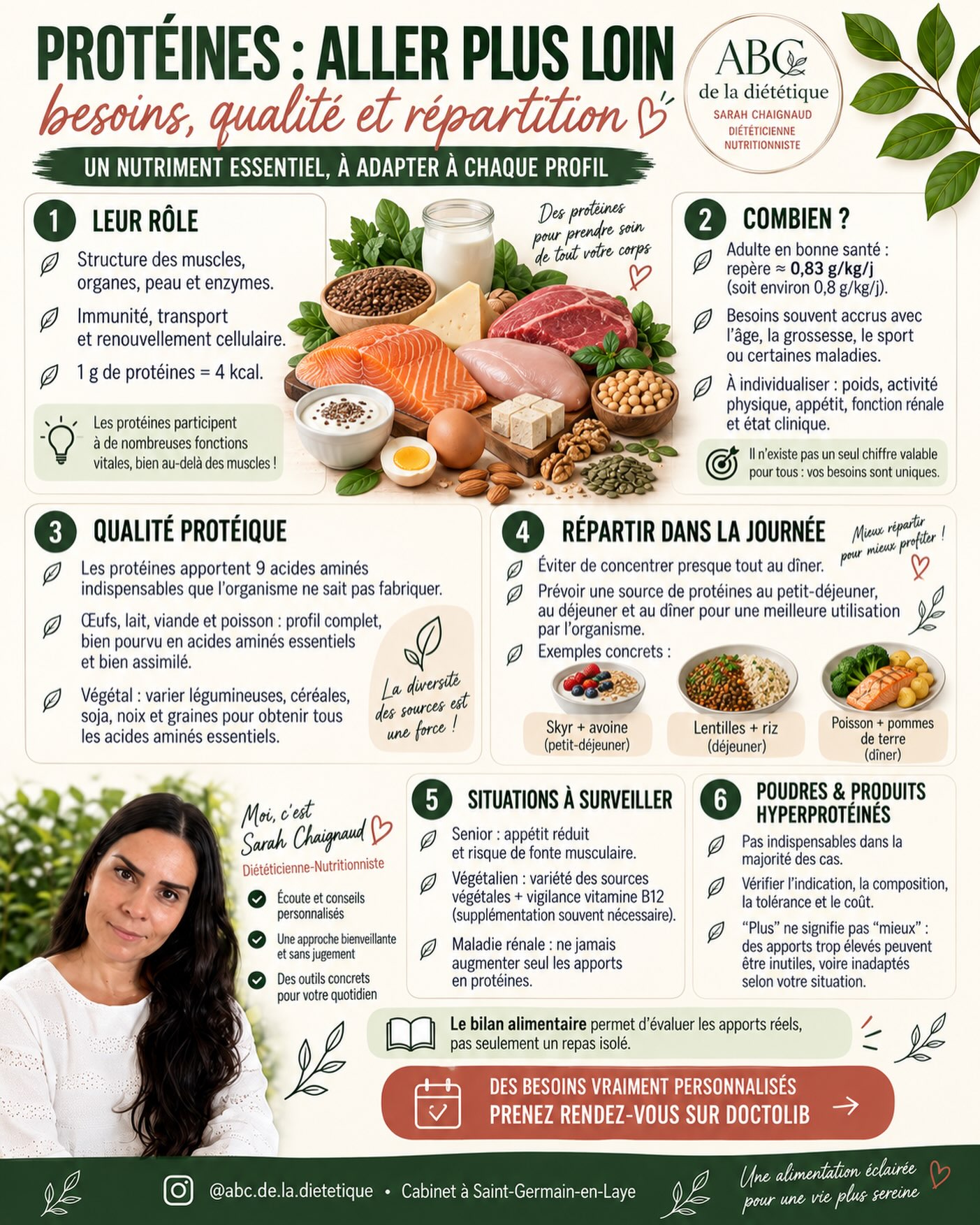 Les protéines servent à bien plus qu’entretenir les muscles. Nos besoins changent avec l’âge, l’activité physique et l’état de santé.

Œufs, poisson, laitages, lentilles, tofu… L’essentiel est de varier les sources et d’adapter les quantités à votre situation. Besoin de faire le point sur vos apports ? Prenez rendez-vous avec moi sur Doctolib.

#Protéines #ConseilsNutrition #abcdeladietetique