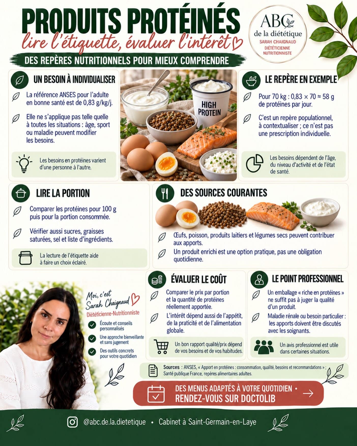 La mention « riche en protéines » ne résume pas la qualité nutritionnelle d’un produit. Comparez les protéines par portion, mais aussi les sucres, les graisses saturées, le sel et le prix.

Œufs, poissons, produits laitiers et légumineuses peuvent déjà contribuer à couvrir vos besoins. Les produits enrichis sont une option, pas une obligation : leur intérêt dépend de votre situation.

📅 Évaluons vos besoins réels ensemble. Prenez rendez-vous sur Doctolib.

#Proteines #LectureDesEtiquettes #abcdeladietetique
