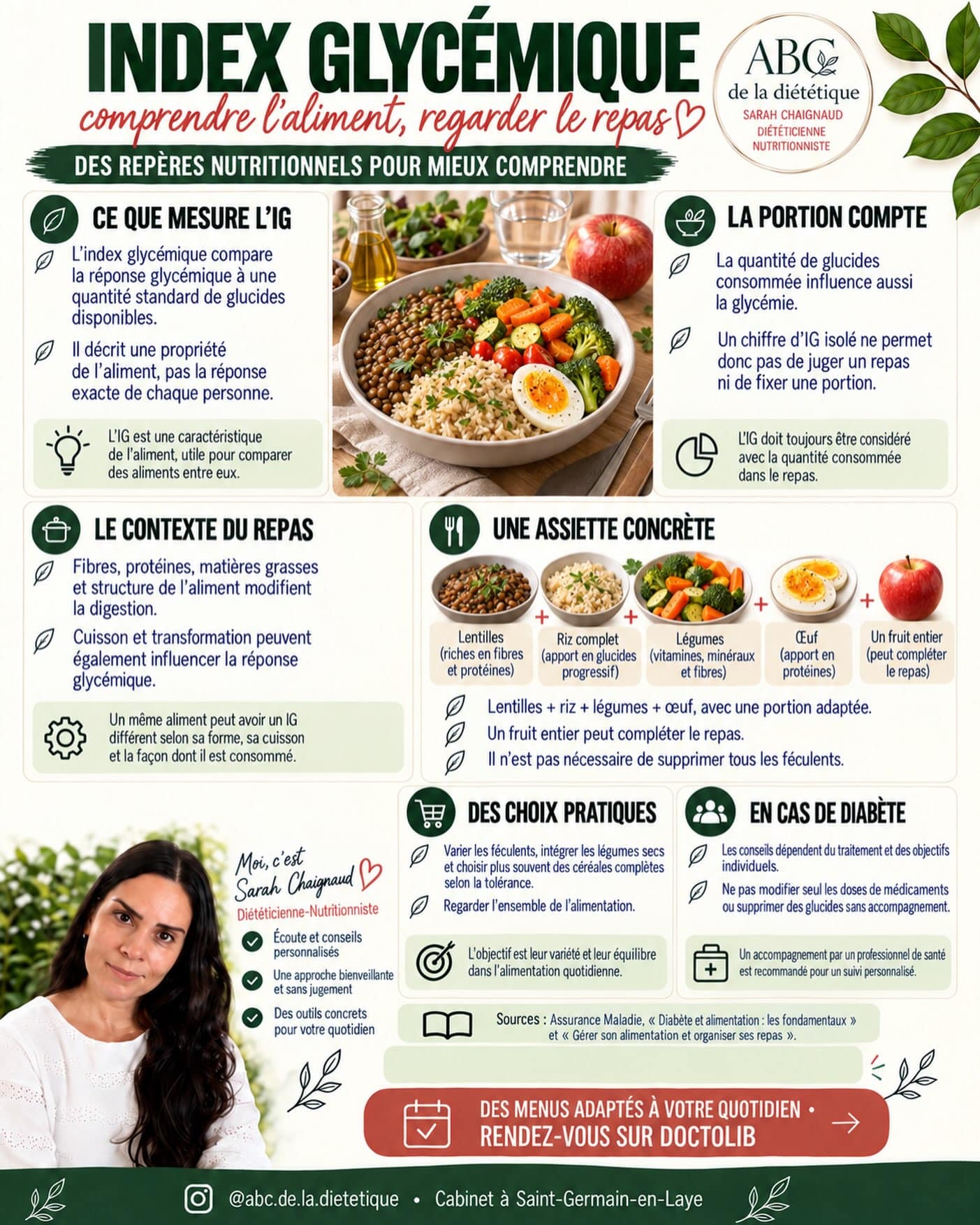 L’index glycémique ne suffit pas à juger un aliment ou un repas. La quantité de glucides, les fibres, la cuisson et les autres aliments consommés influencent aussi la réponse glycémique.

Inutile de supprimer systématiquement les féculents : les portions et les associations se personnalisent. En cas de diabète, les ajustements doivent tenir compte du traitement et des objectifs de soins.

📅 Je vous accompagne pour construire ces repères. Prenez rendez-vous sur Doctolib.

#IndexGlycemique #NutritionPersonnalisee #abcdeladietetique