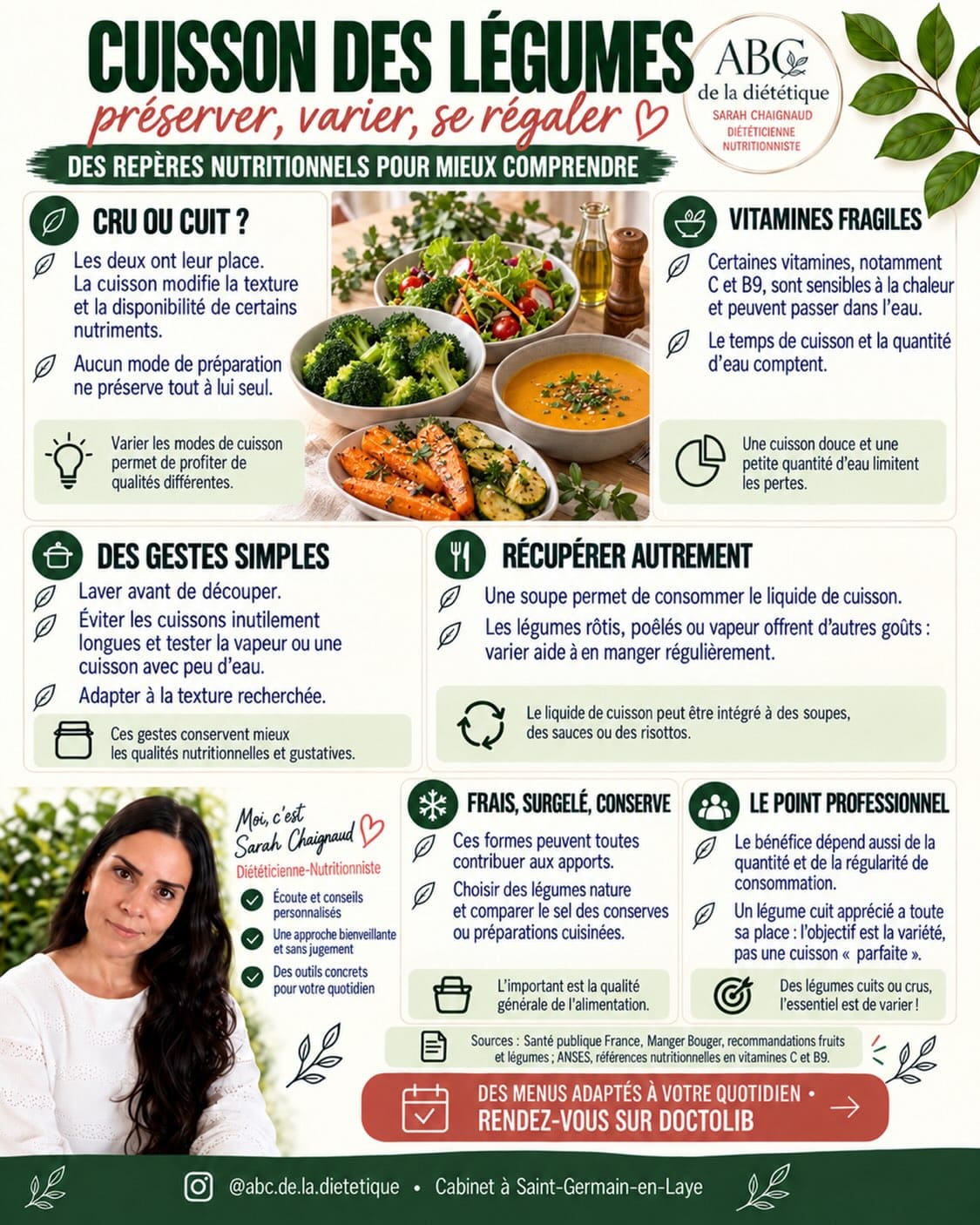 Il n’existe pas une cuisson parfaite pour tous les légumes. Certaines vitamines sont sensibles à la chaleur et peuvent passer dans l’eau : limiter les cuissons prolongées et varier les préparations est utile.

Vapeur, poêlée, soupe, crudités… l’essentiel reste d’en manger régulièrement avec plaisir. Frais, surgelés ou en conserve, les légumes ont leur place dans vos repas.

📅 Construisons une alimentation variée et réalisable. Prenez rendez-vous sur Doctolib.

#Legumes #CuisineDuQuotidien #abcdeladietetique
