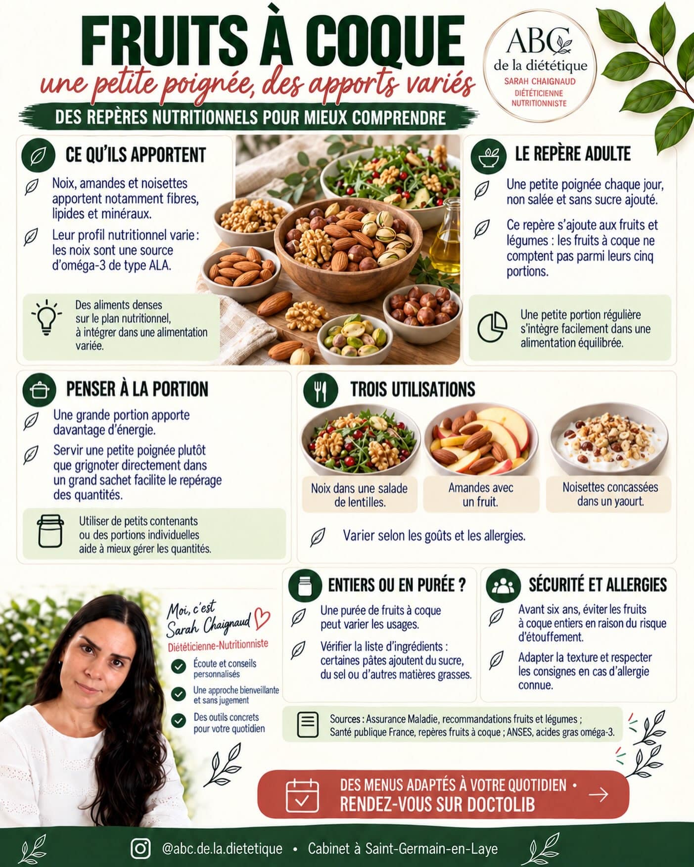 Une petite poignée quotidienne de noix, amandes ou noisettes non salées est un repère utile chez l’adulte. Elles apportent notamment des fibres, des matières grasses et des minéraux, avec des différences selon les variétés.

Dans une salade, avec un fruit ou un yaourt, elles s’intègrent facilement. Attention : les fruits à coque entiers sont à éviter avant six ans en raison du risque d’étouffement.

📅 Pour adapter vos habitudes, prenez rendez-vous sur Doctolib.

#FruitsACoque #Nutrition #abcdeladietetique