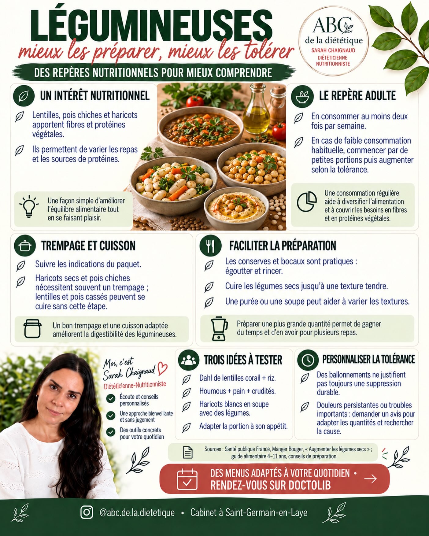 Lentilles, pois chiches et haricots apportent des fibres et des protéines végétales. Le repère : au moins deux fois par semaine, en augmentant progressivement les quantités selon votre tolérance.

Une cuisson suffisante, le rinçage des conserves et des textures adaptées peuvent aider. Le trempage dépend du produit : toutes les légumineuses n’en ont pas besoin !

📅 Des difficultés digestives ? Je vous aide à adapter vos repas. Rendez-vous sur Doctolib.

#Legumineuses #ConfortDigestif #abcdeladietetique
