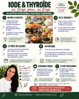 Pour la thyroïde, l’iode doit être apporté en quantité adaptée : un manque comme un excès peut poser problème.

Poissons marins, œufs et produits laitiers contribuent aux apports. Si vous utilisez du sel, choisissez-le iodé sans augmenter la quantité. Prudence avec les algues et les compléments : leur teneur en iode peut être élevée.

📅 Faisons le point sur vos sources alimentaires et vos besoins. Prenez rendez-vous sur Doctolib.

#Iode #Thyroide #abcdeladietetique
