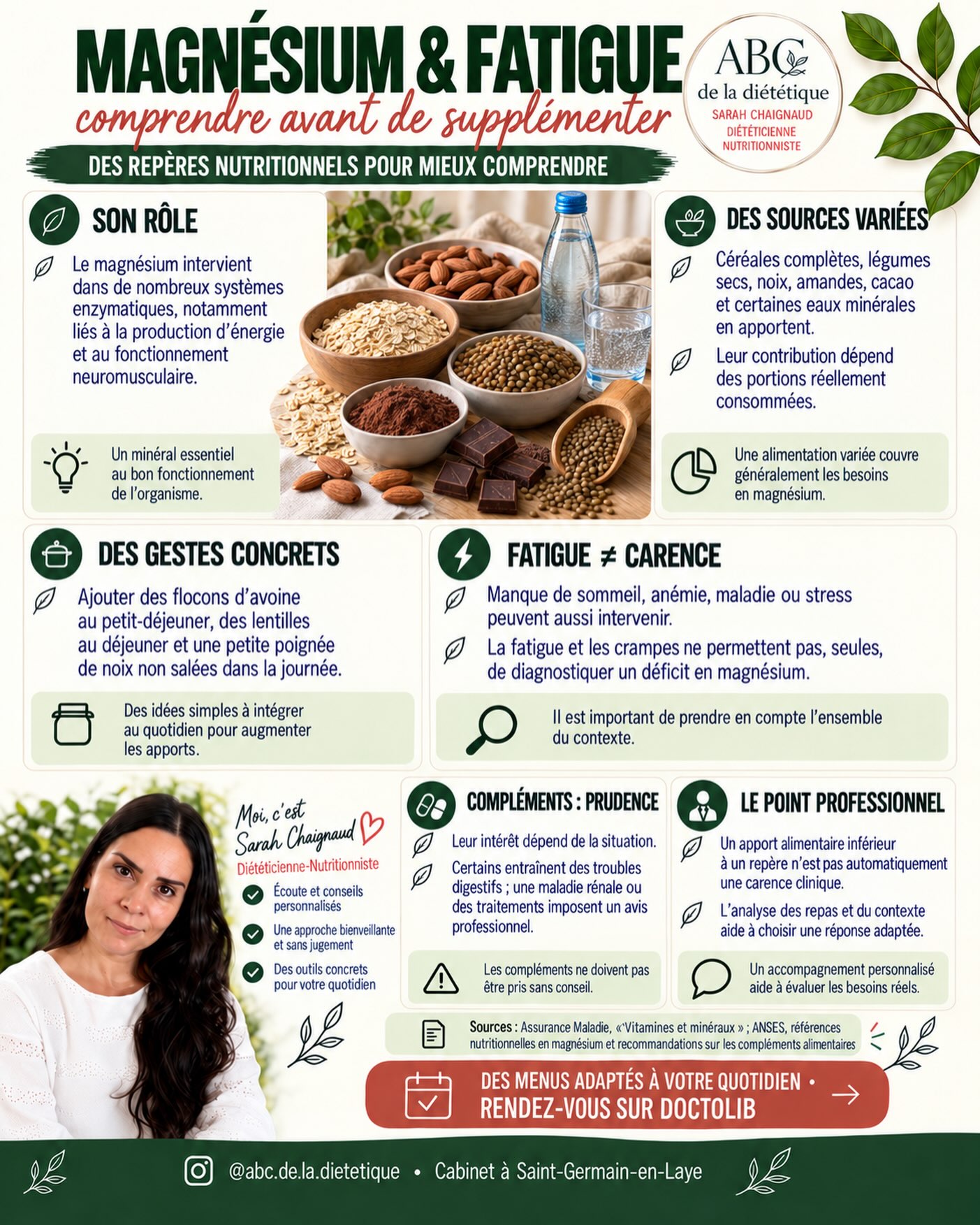 Fatigue ou crampes ne signifient pas automatiquement un manque de magnésium. Le sommeil, le stress ou une autre cause médicale peuvent aussi intervenir.

Légumineuses, céréales complètes, amandes et certaines eaux minérales contribuent aux apports. Avant un complément, évaluons votre alimentation et votre contexte : davantage n’est pas toujours mieux.

📅 Je vous accompagne pour identifier les ajustements utiles. Prenez rendez-vous sur Doctolib.

#Magnesium #EquilibreAlimentaire #abcdeladietetique