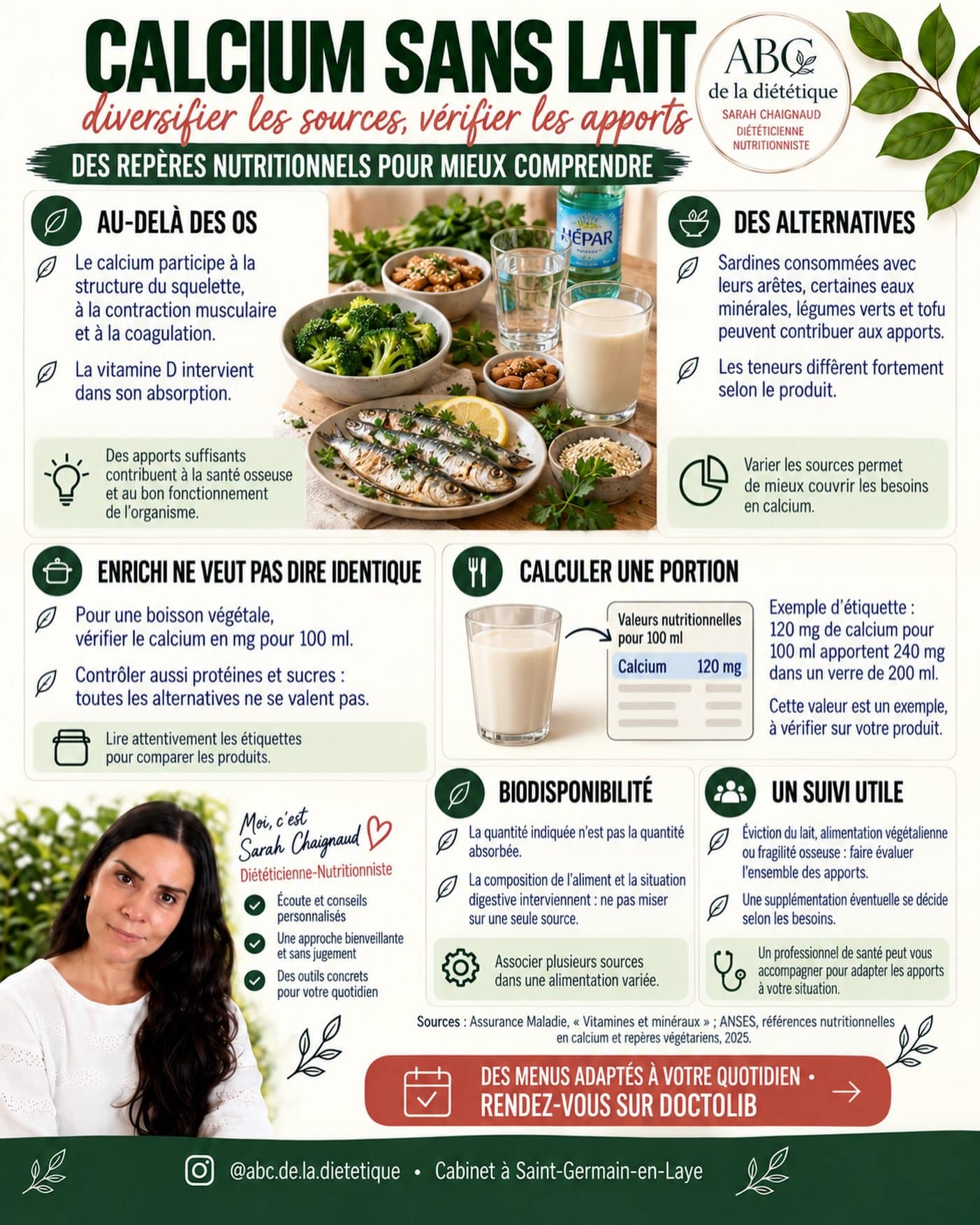 Sans lait, couvrir ses besoins en calcium demande de choisir et de varier ses sources : sardines avec leurs arêtes, certaines eaux minérales, boissons végétales enrichies…

Lisez les étiquettes : toutes les boissons végétales n’apportent pas du calcium, et leur teneur en protéines varie aussi. L’équilibre se construit sur l’ensemble de la journée, avec une attention à la vitamine D.

📅 Je vous aide à adapter votre alimentation. Prenez rendez-vous sur Doctolib.

#Calcium #AlimentationSansLait #ABCDeLaDietetique