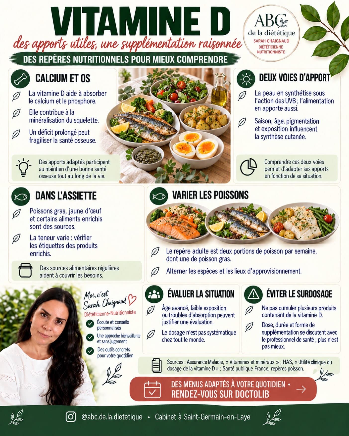 La vitamine D contribue à l’absorption du calcium et à la santé osseuse. Sa production par la peau varie notamment selon la saison, l’âge et l’exposition.

Les poissons gras participent aux apports alimentaires, mais une supplémentation peut être nécessaire selon la situation. Le dosage sanguin n’est pas systématique et les compléments ne doivent pas être cumulés sans avis professionnel.

📅 Pour un accompagnement nutritionnel personnalisé, prenez rendez-vous sur Doctolib.

#VitamineD #SanteOsseuse #abcdeladietetique